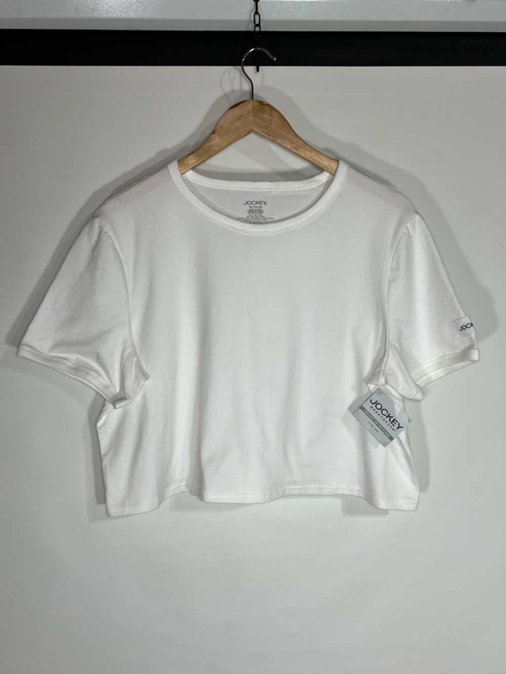 Jockey White Crop Organic Cotton Blend Crewneck Tee with Ribbed Details